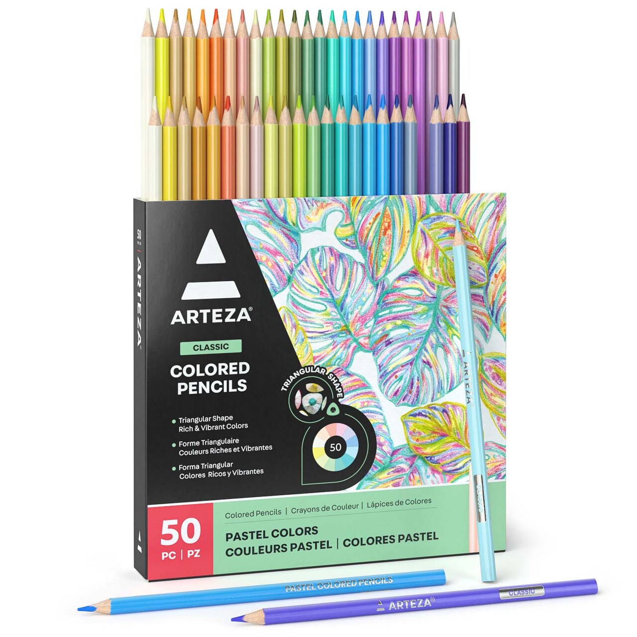 Arteza Pastel Colored Pencils, Set of 50, Triangular Grip, Pre-Sharpened Coloring Pencils, Art Supplies for Coloring and Drawing